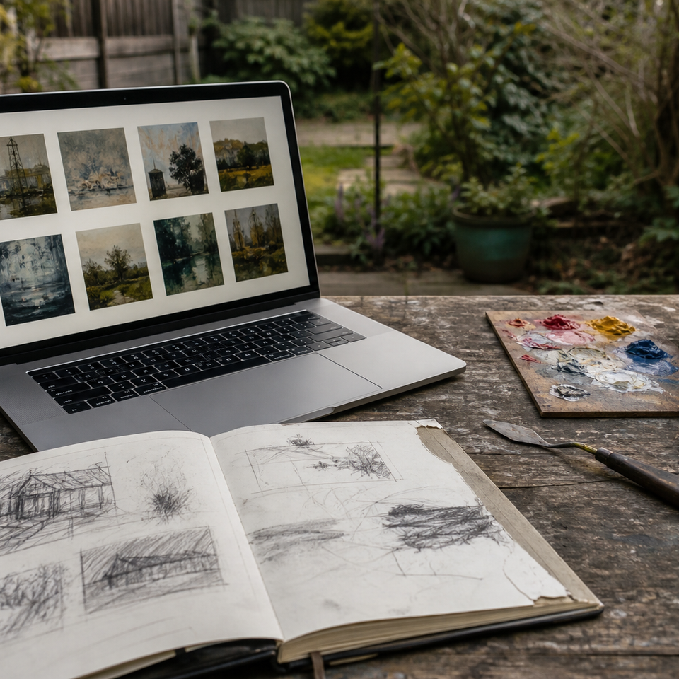 Laptop showing a clean gallery website beside oil paints and a sketchbook