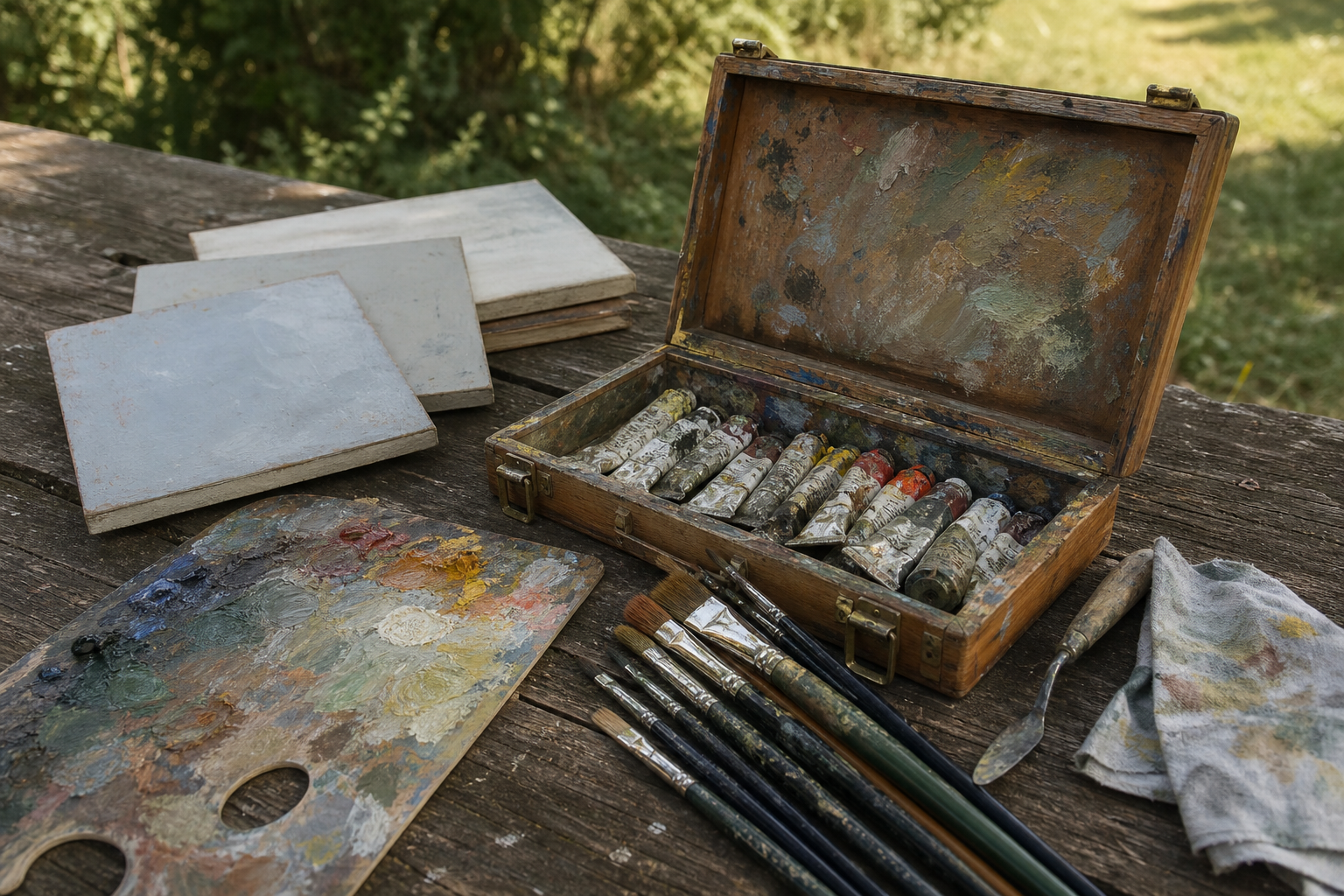 Pochade box, oil paints, brushes and panels arranged on a wooden surface outdoors