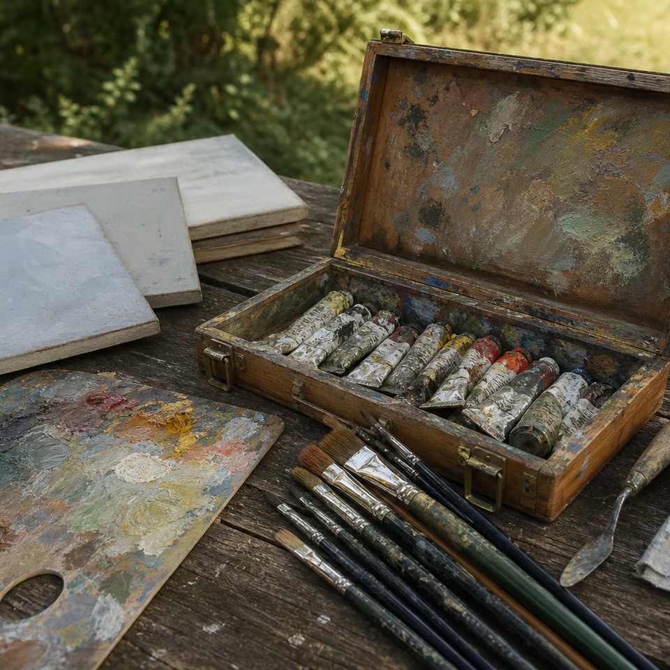 Pochade box, oil paints, brushes and panels arranged on a wooden surface outdoors