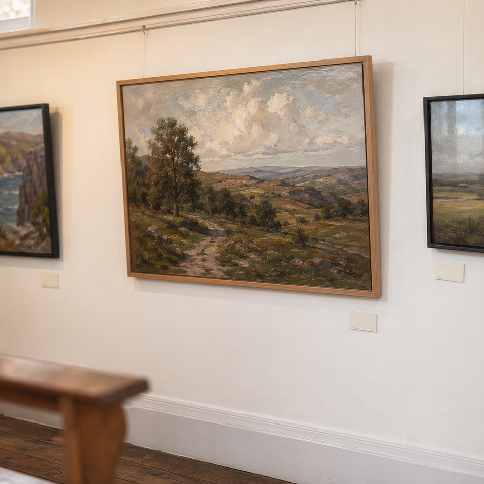 Framed landscape paintings hung on a white gallery wall with warm lighting