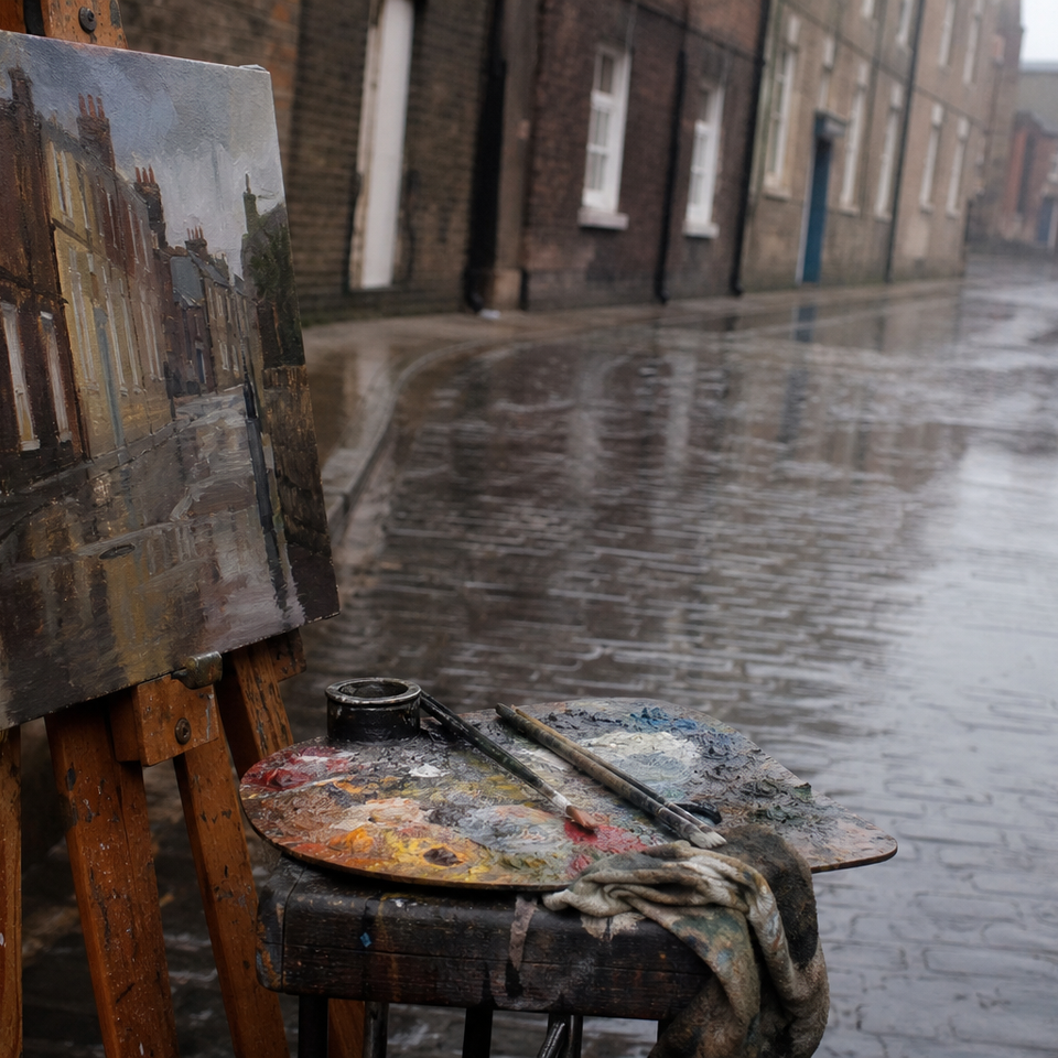 Wooden easel and paint palette beside a wet reflective cobbled street in rain
