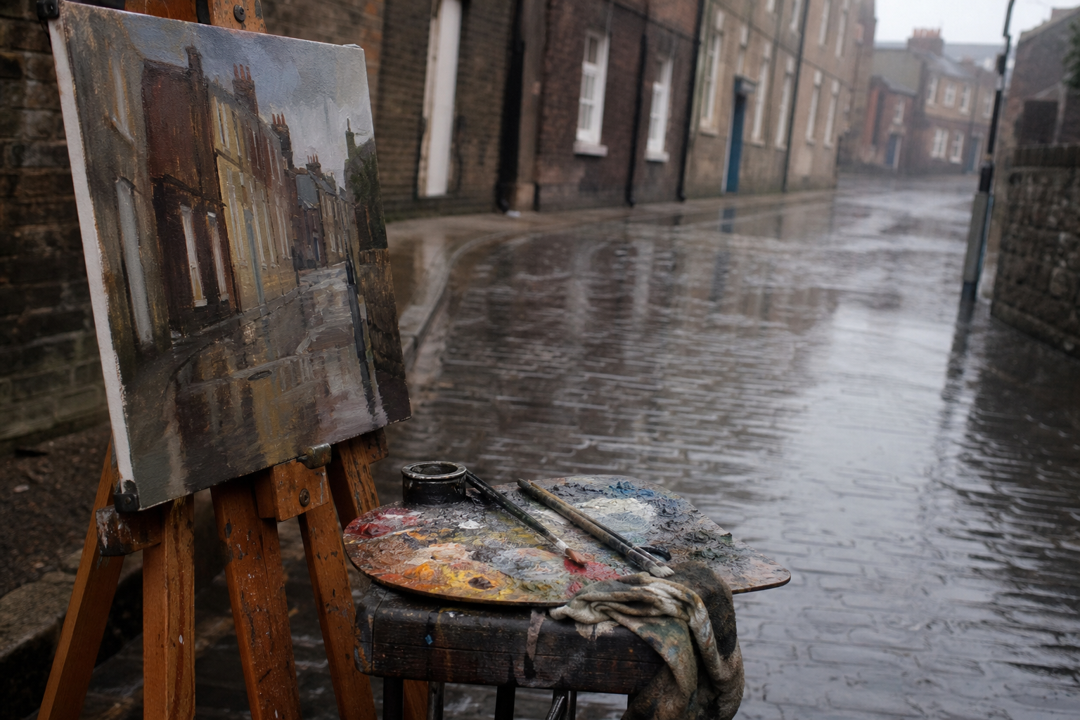 Wooden easel and paint palette beside a wet reflective cobbled street in rain