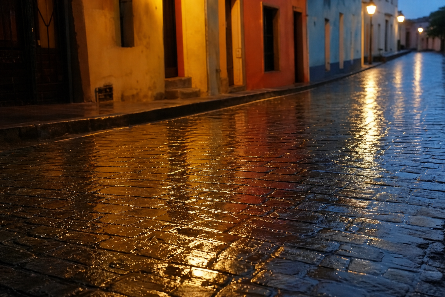 Rain-wet cobblestone street reflecting lamplight and building colours in compressed horizontal bands