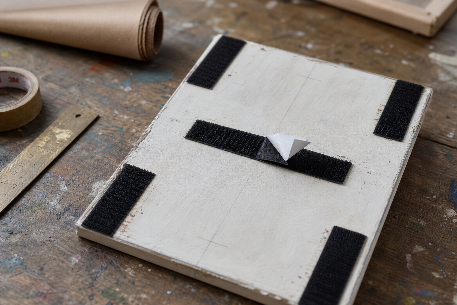 Back of a small oil painting board with Velcro strips attached ready for framing