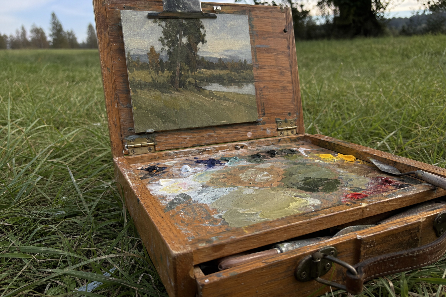 Open wooden pochade box showing palette and panel clamp on grass