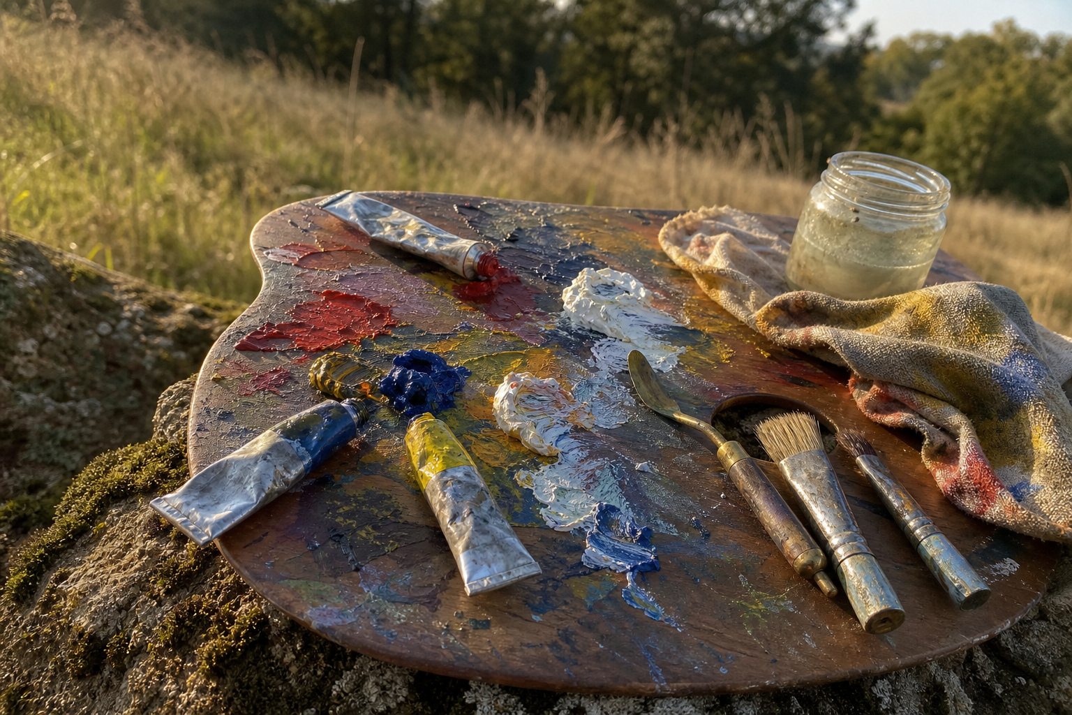 Compact oil painting set with tubes arranged on a wooden outdoor palette