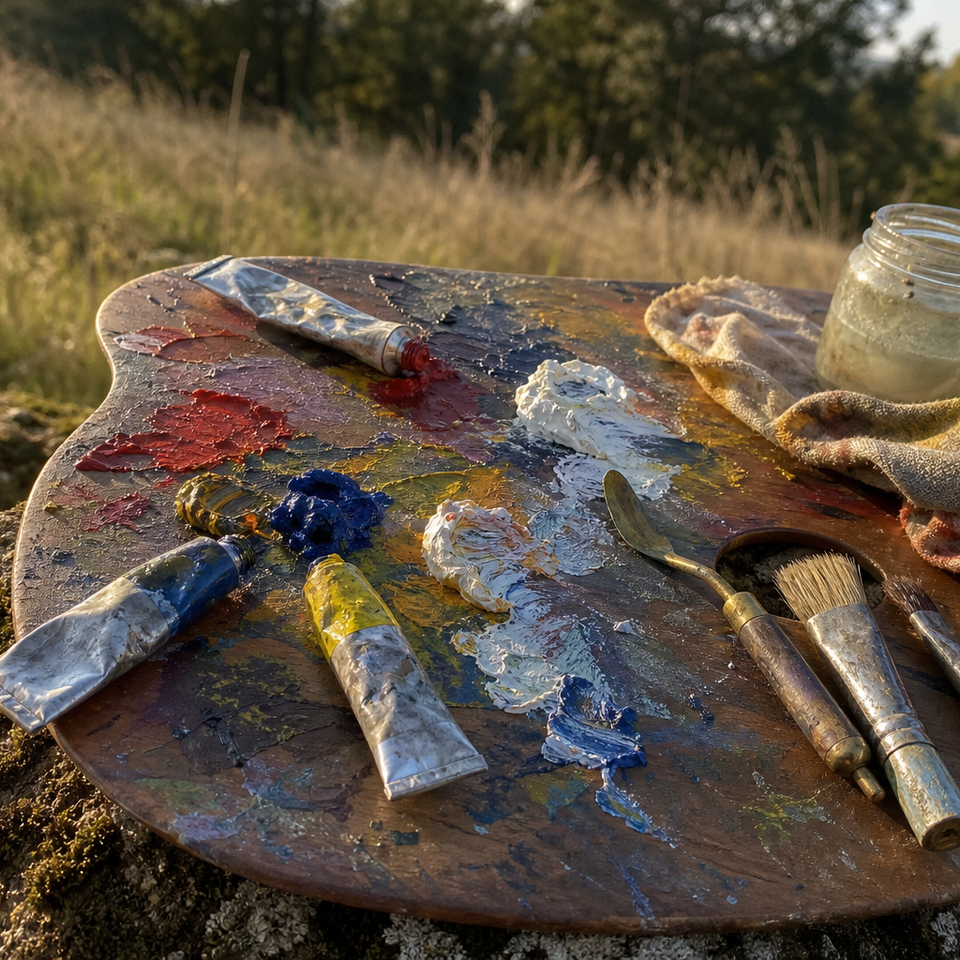Compact oil painting set with tubes arranged on a wooden outdoor palette