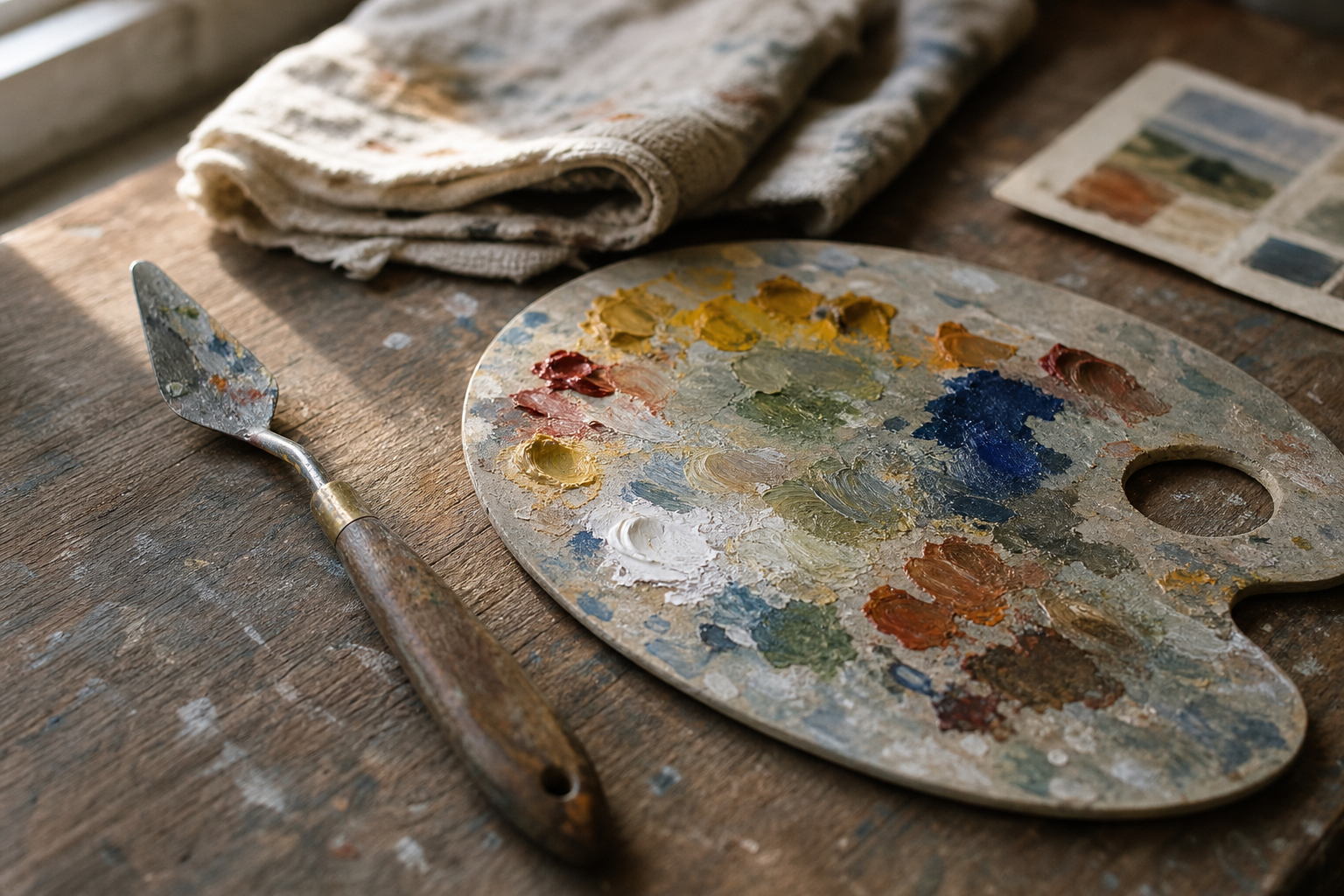 Small palette knife resting beside a compact oil paint palette with colour swatches