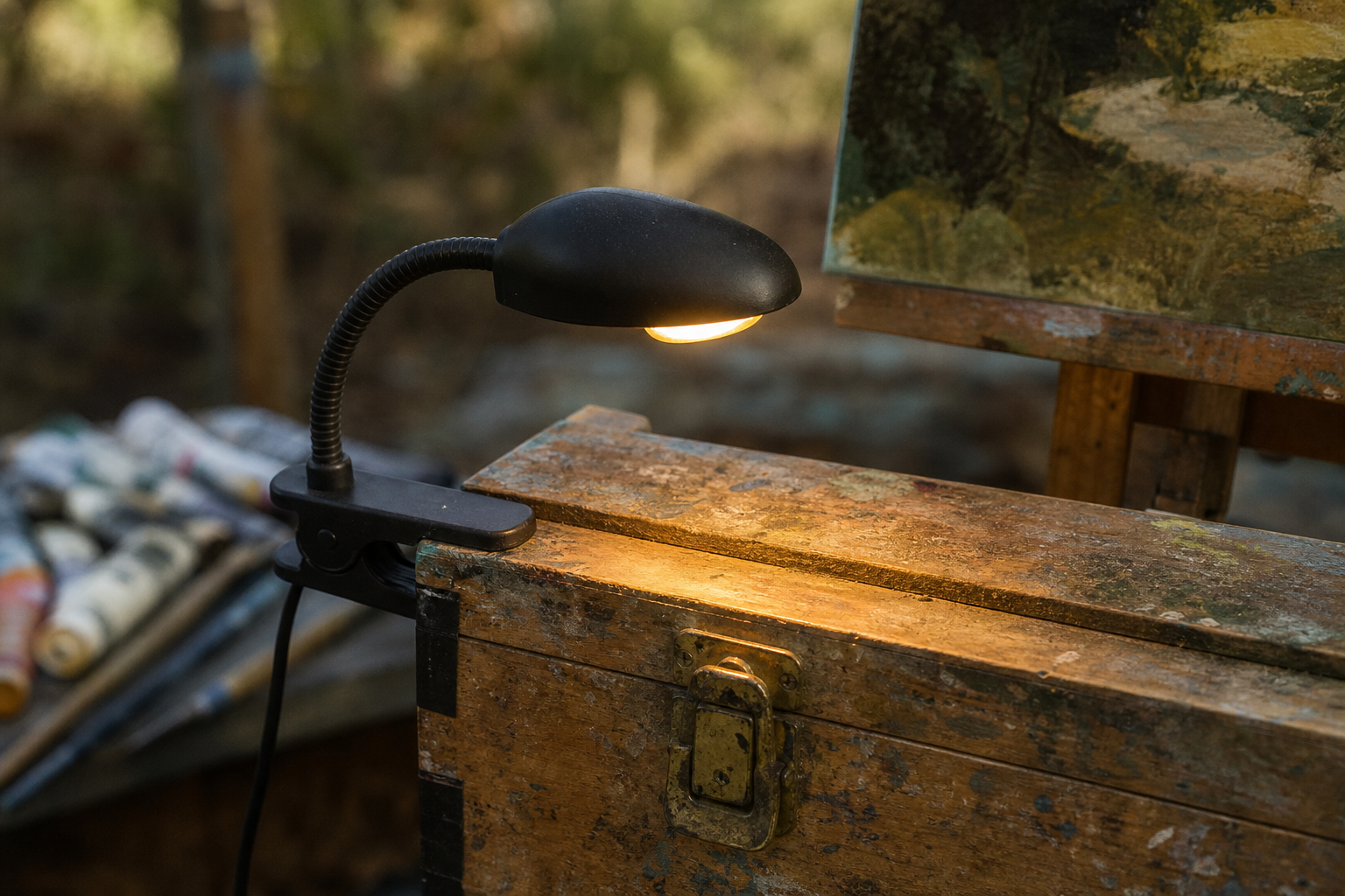 Close-up of a small LED lamp clipped to a wooden pochade box, glowing warm light