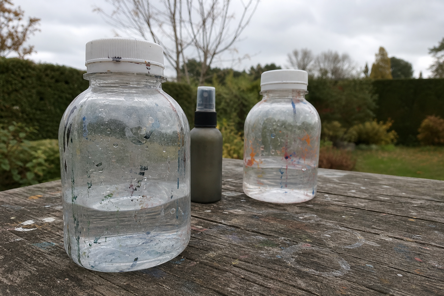 Two sealed water containers and a small spray bottle on a wooden outdoor table