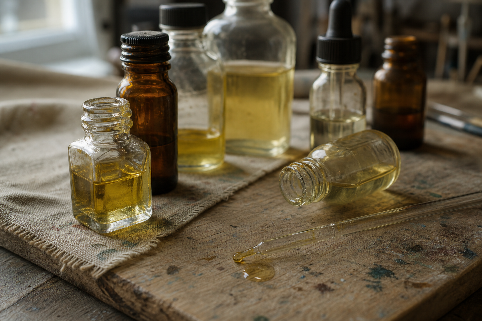 Several small bottles of oil medium and a pipette on a textured surface
