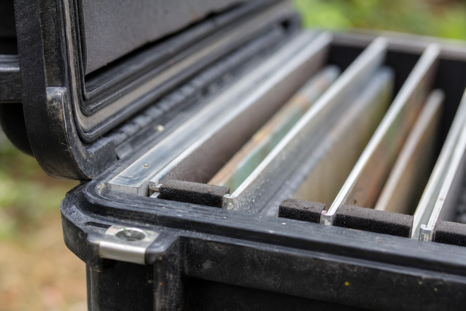 Close-up of interior track slots inside a hard-shell plein air panel carrier