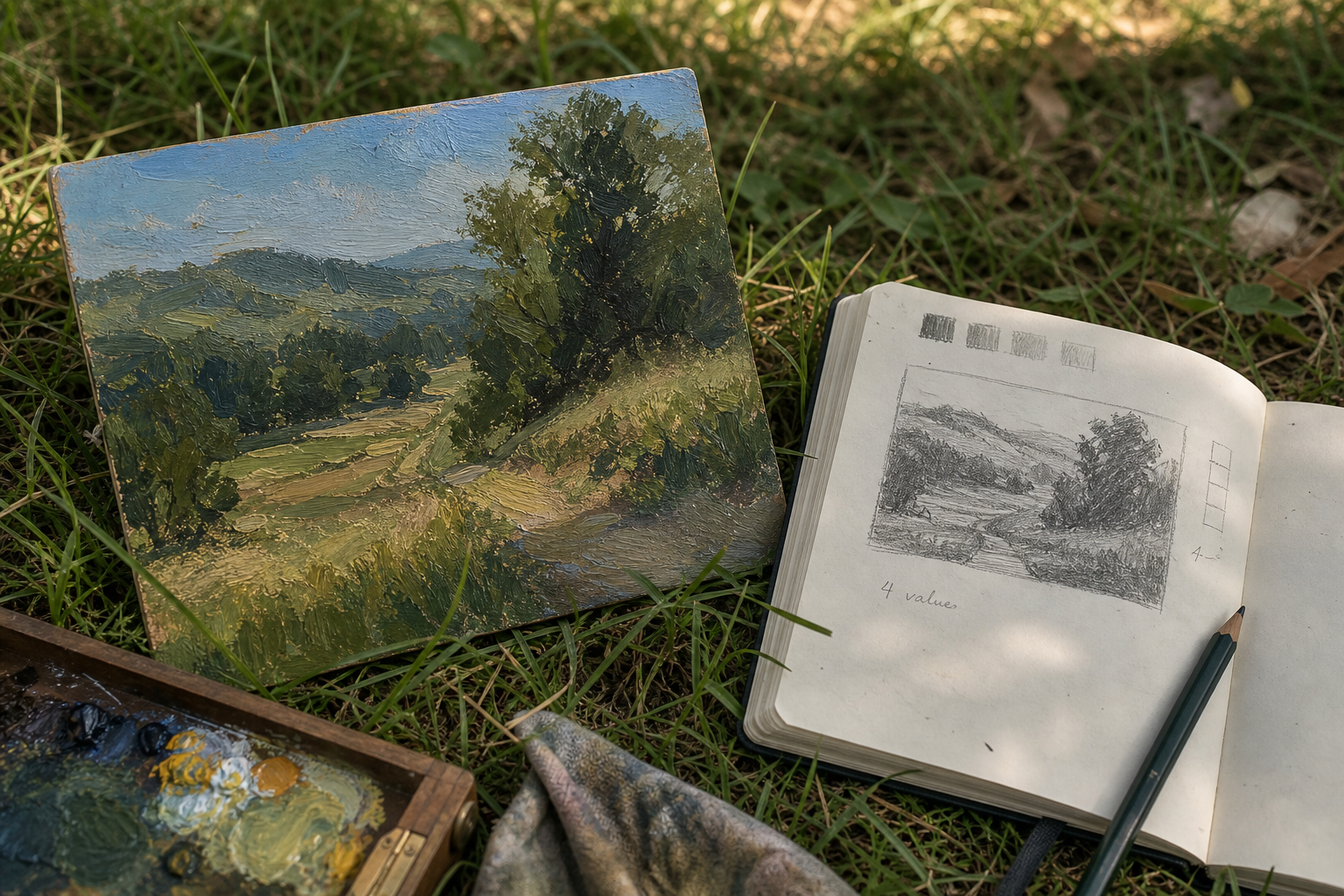 Small painted oil panel on grass beside an open sketchbook showing the matching value thumbnail sketch