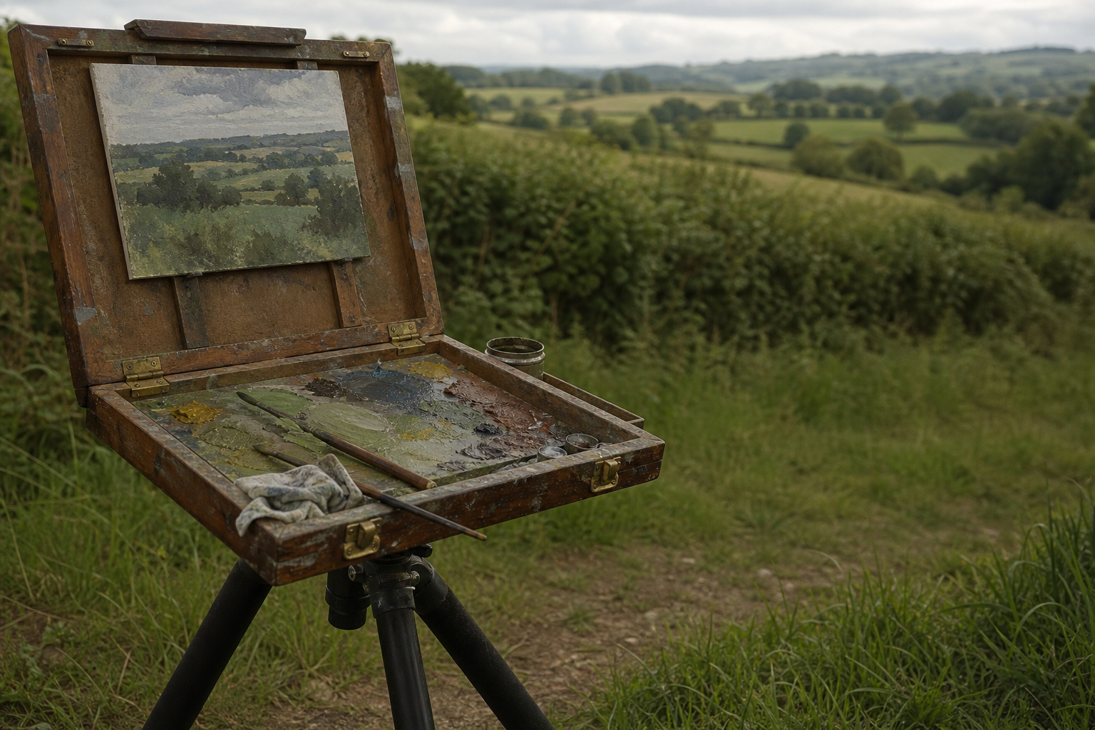 Wooden pochade box open on a tripod in a green countryside setting