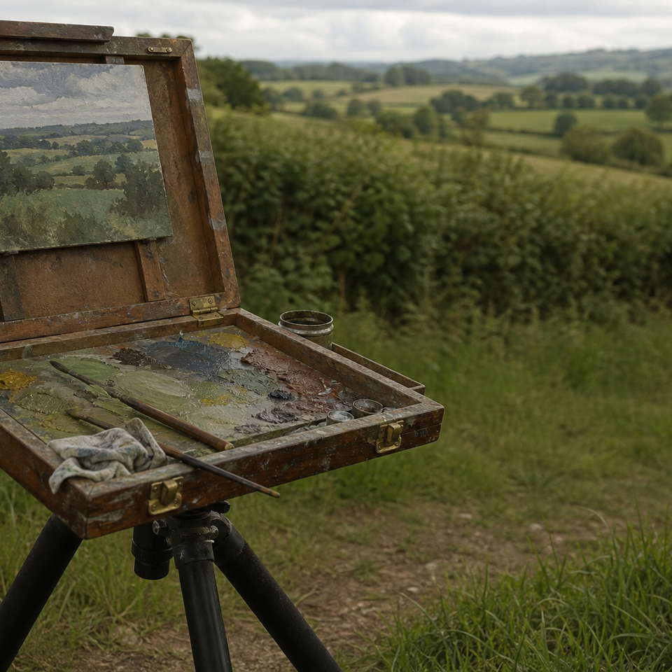 Wooden pochade box open on a tripod in a green countryside setting