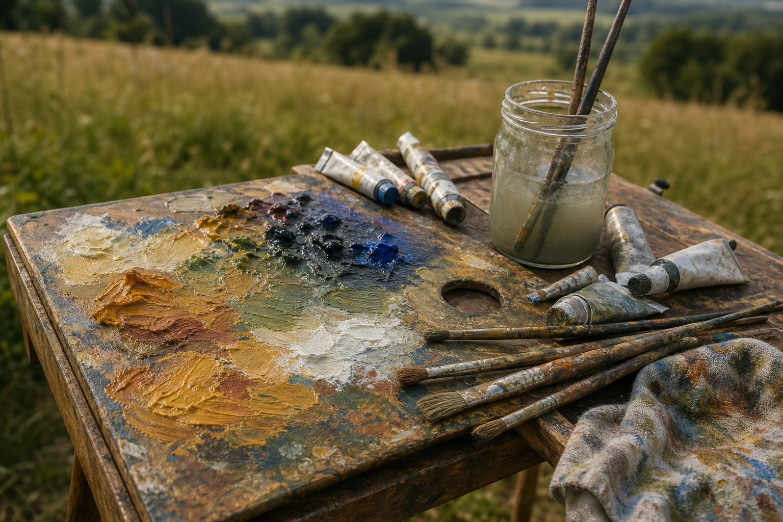Open palette with water-mixable oil paint tubes, small water jar, and brushes outdoors