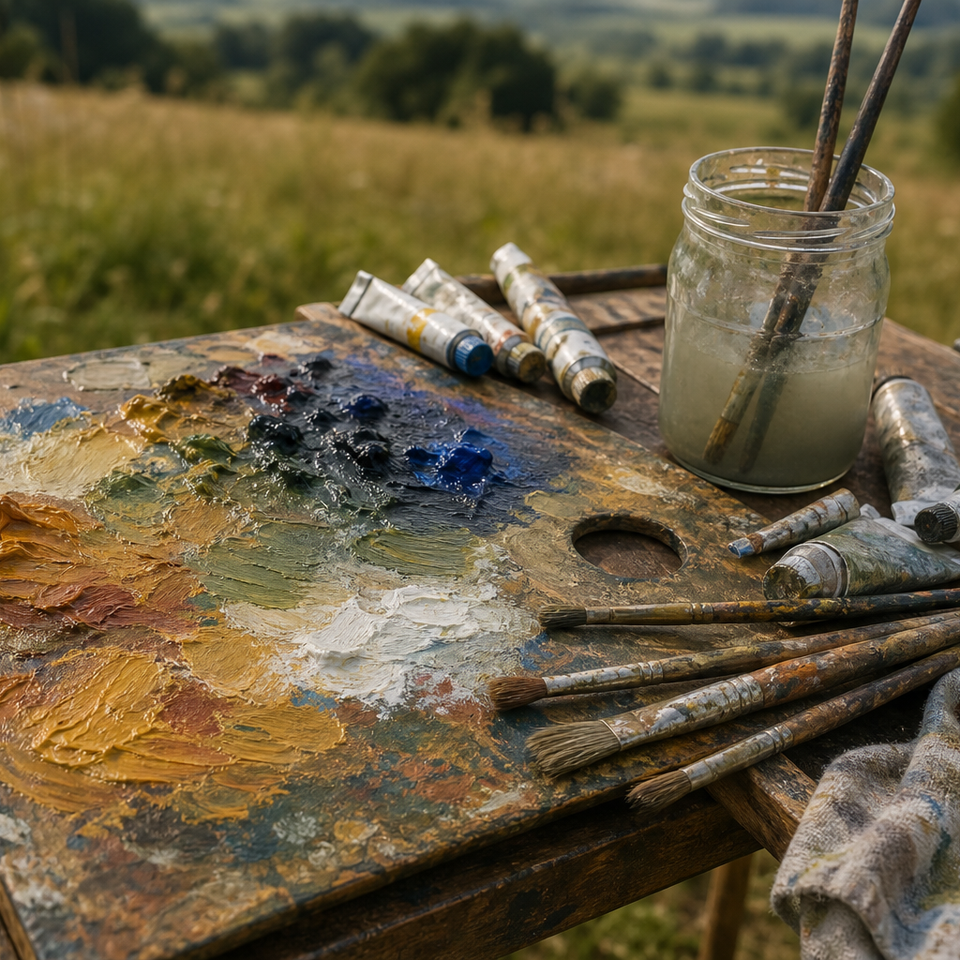 Open palette with water-mixable oil paint tubes, small water jar, and brushes outdoors