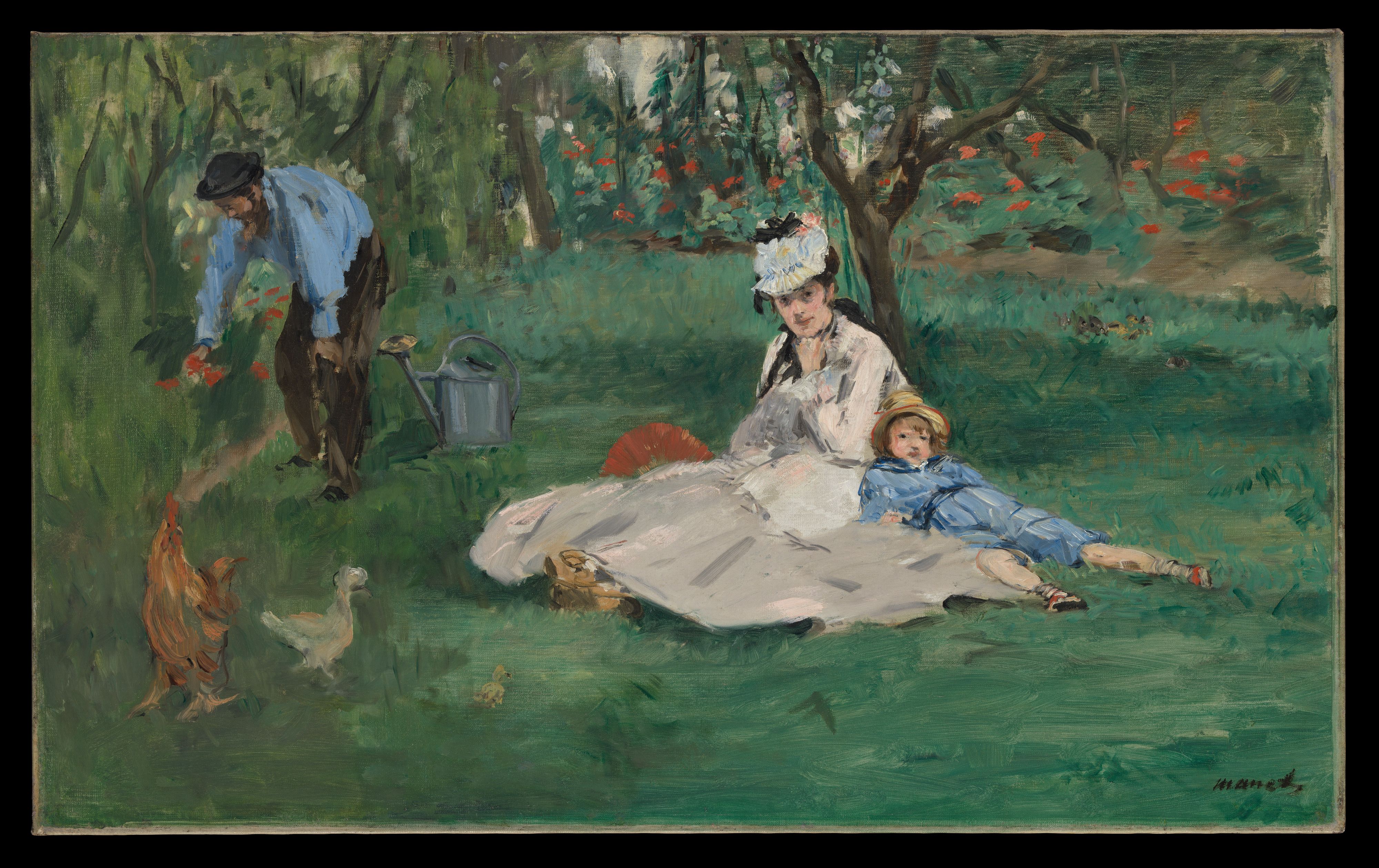 Édouard Manet's The Monet Family in Their Garden at Argenteuil, with Claude Monet gardening at left