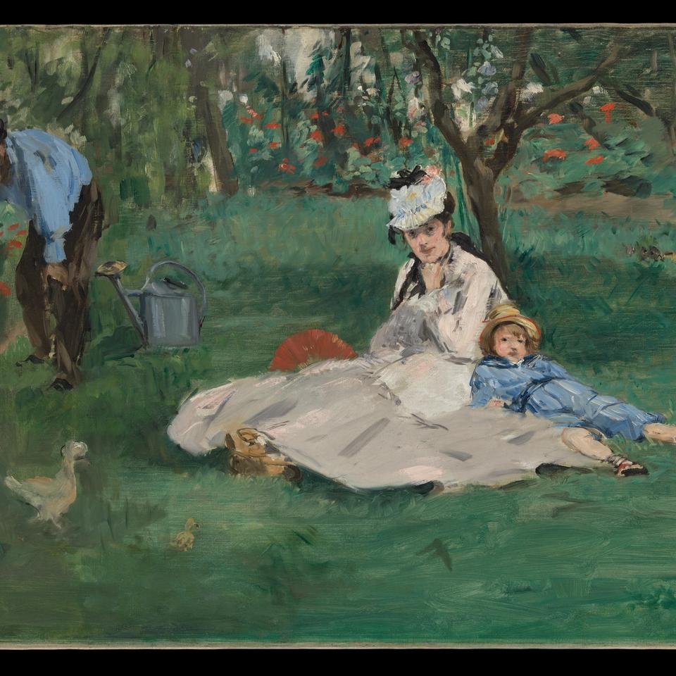 Édouard Manet's The Monet Family in Their Garden at Argenteuil, with Claude Monet gardening at left