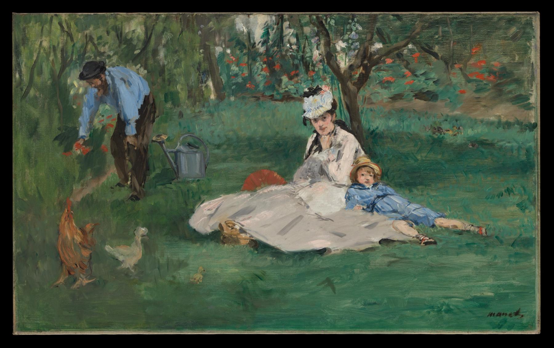 Édouard Manet's The Monet Family in Their Garden at Argenteuil, with Claude Monet gardening at left