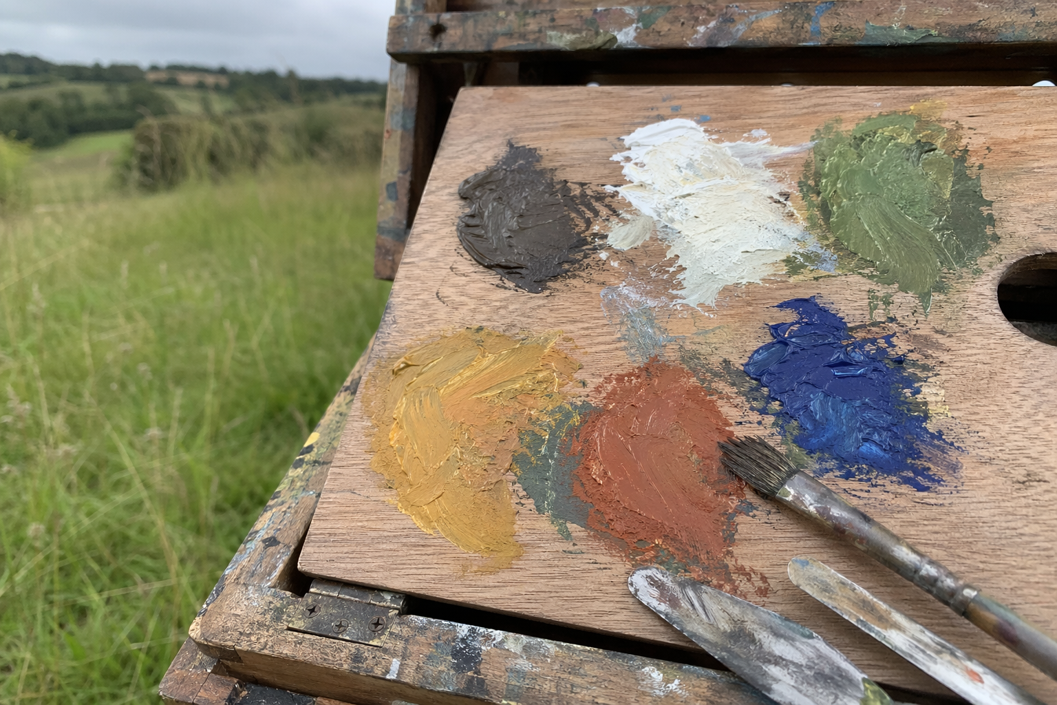 Six oil paint colour swatches showing a simple outdoor painting palette