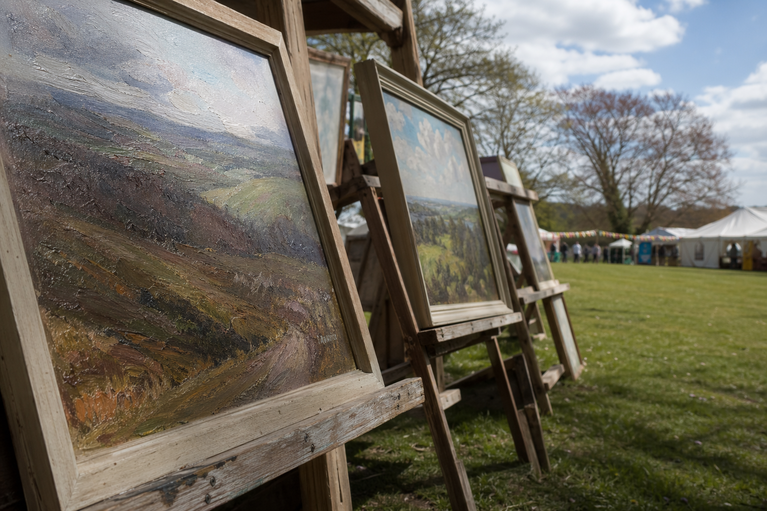 Landscape paintings displayed on wooden stands at an outdoor art fair on a sunny day