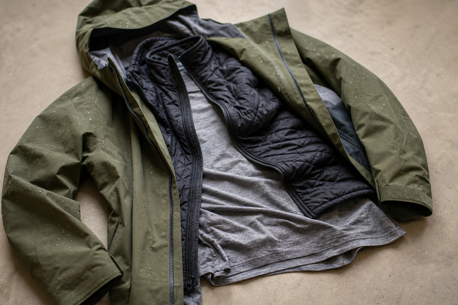 Waterproof shell jacket, insulating mid-layer, and base layer arranged flat on a neutral background