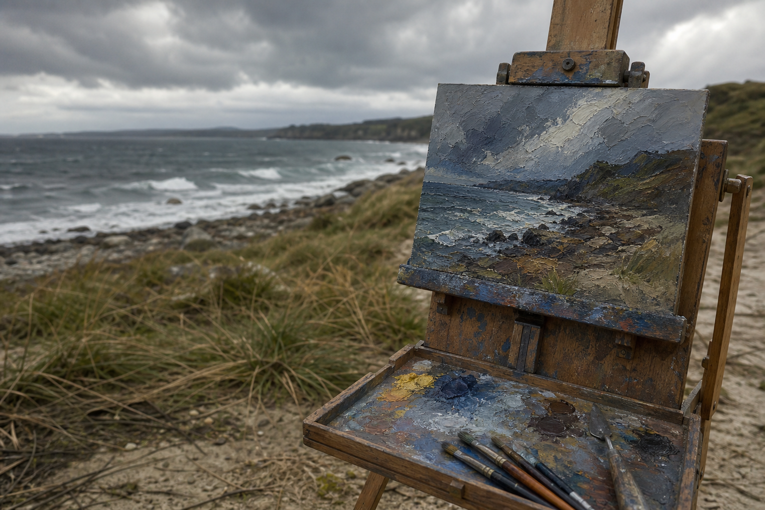 Small oil painting on an easel facing a dramatic overcast coastal landscape