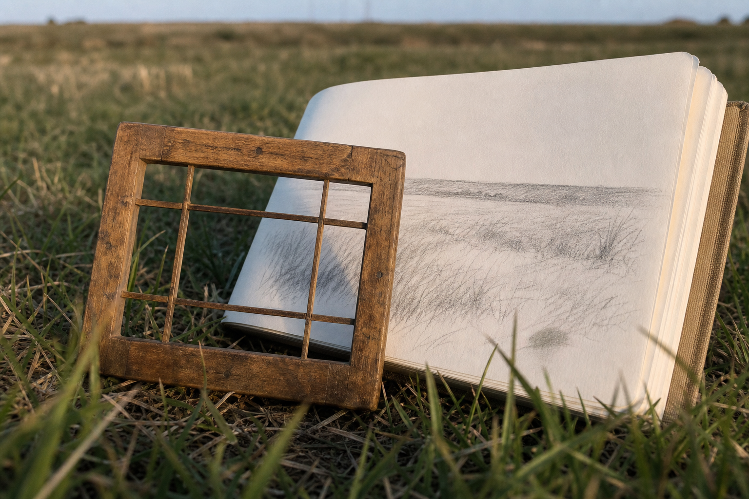 Wooden viewfinder resting against a sketchbook on open grassland
