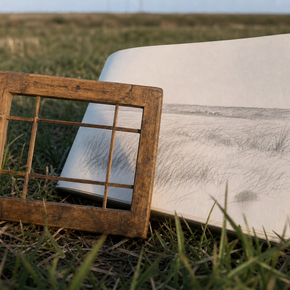 Wooden viewfinder resting against a sketchbook on open grassland