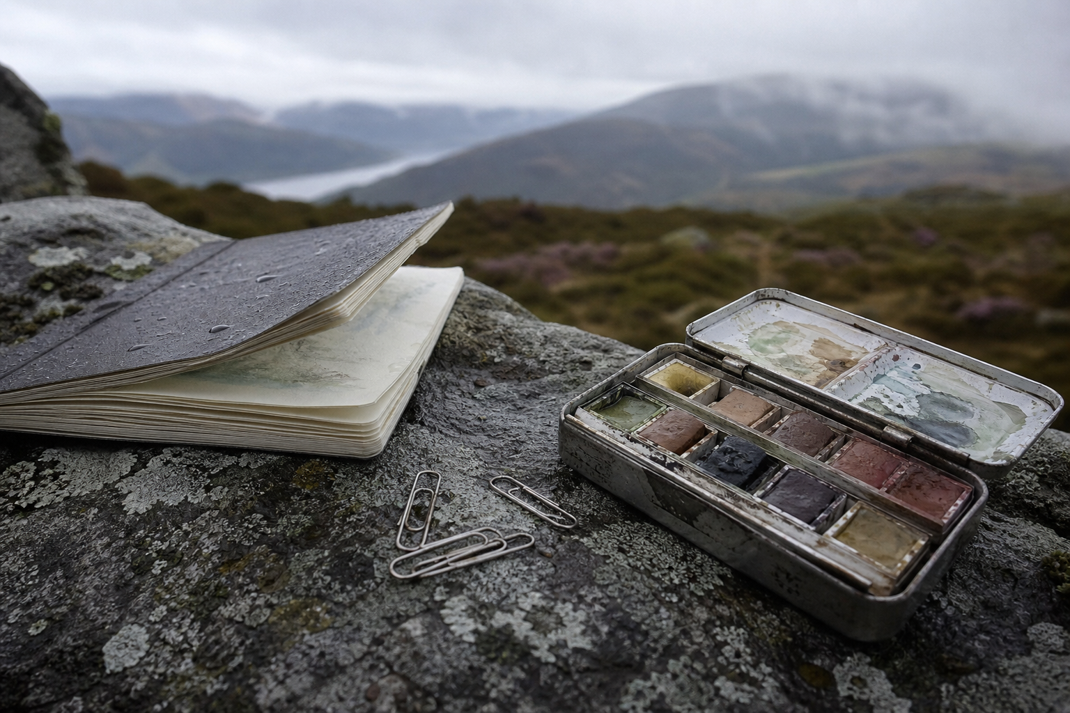 Compact watercolour kit with sketchbook, paper clips, and small palette on a stone surface