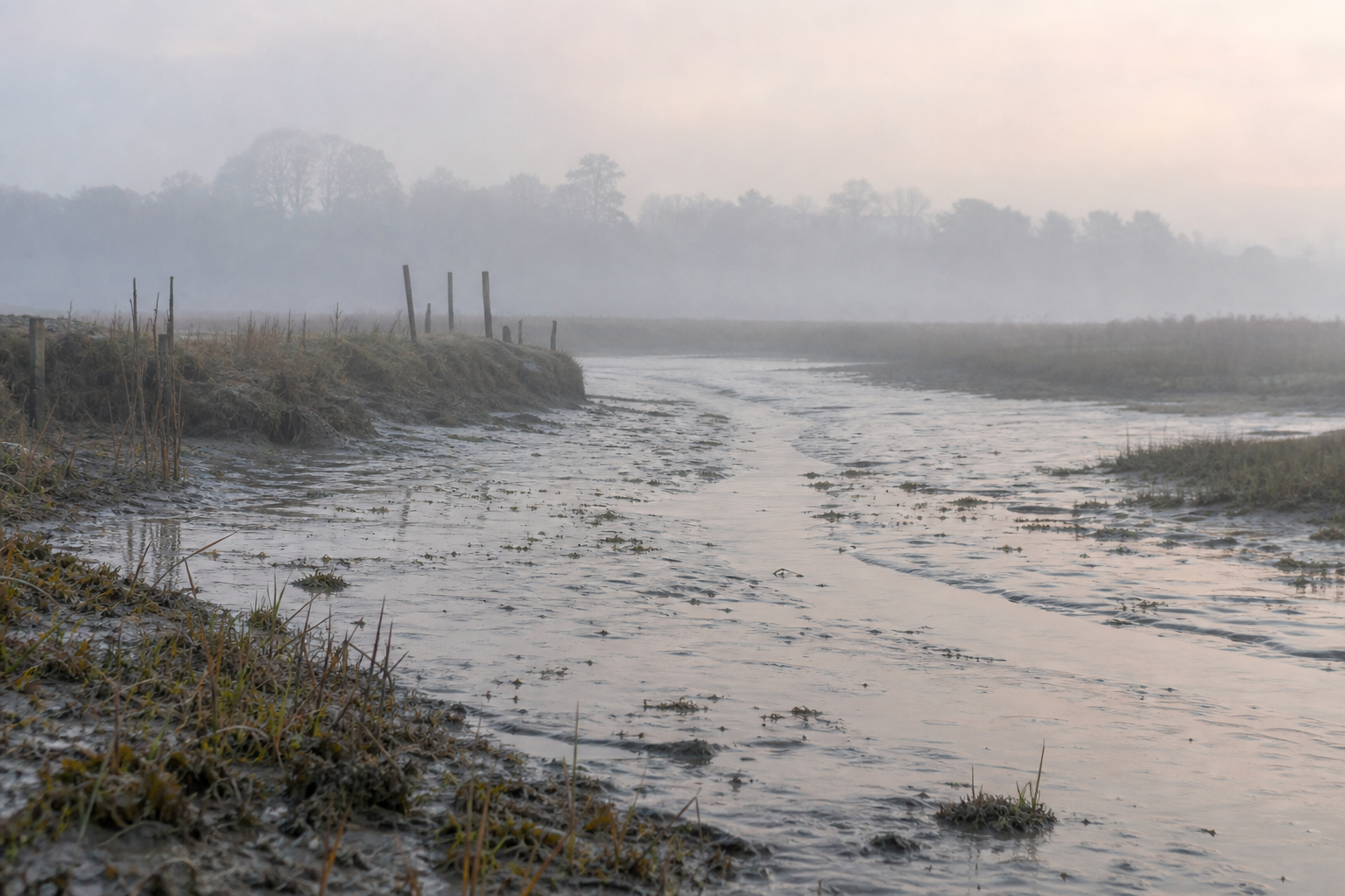 Foggy British estuary landscape with soft mist obscuring distant treeline