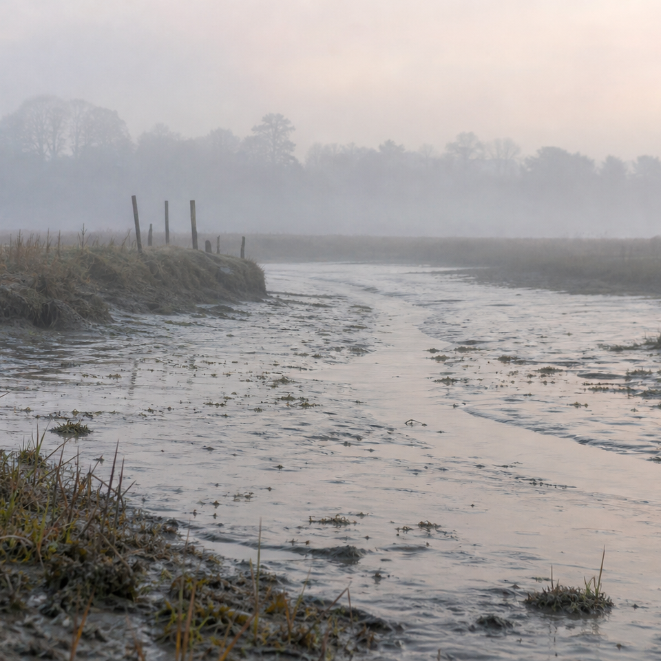Foggy British estuary landscape with soft mist obscuring distant treeline