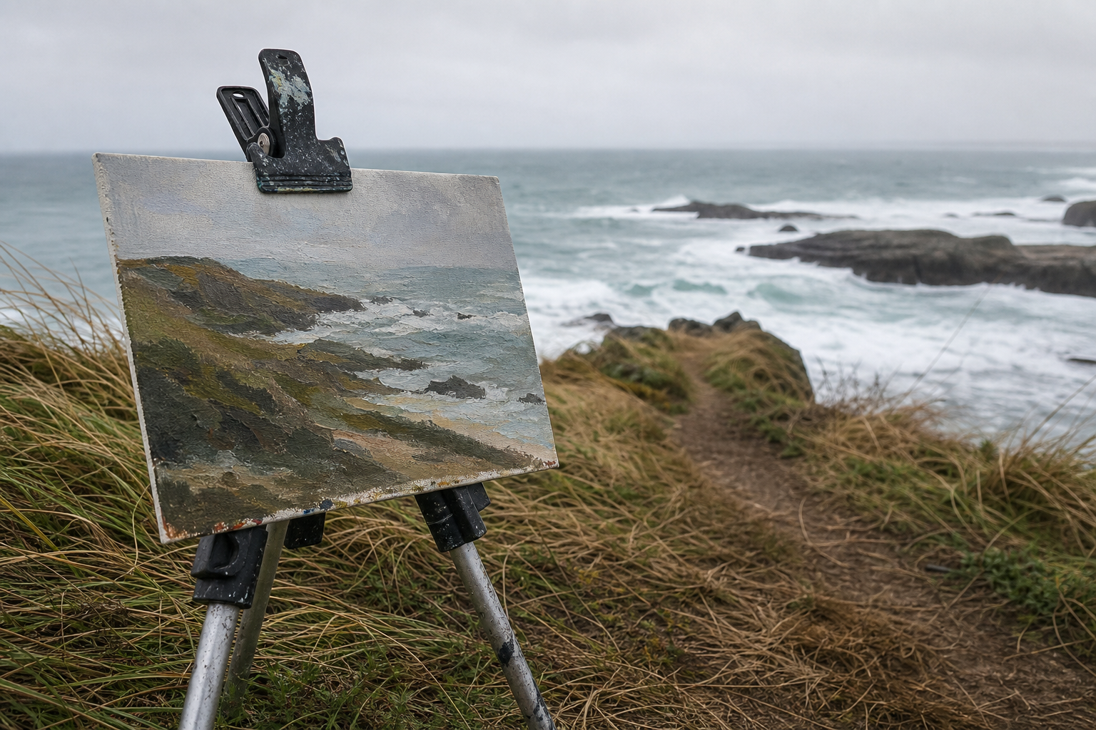 Small canvas panel clipped to a lightweight easel on an exposed grassy coastal clifftop