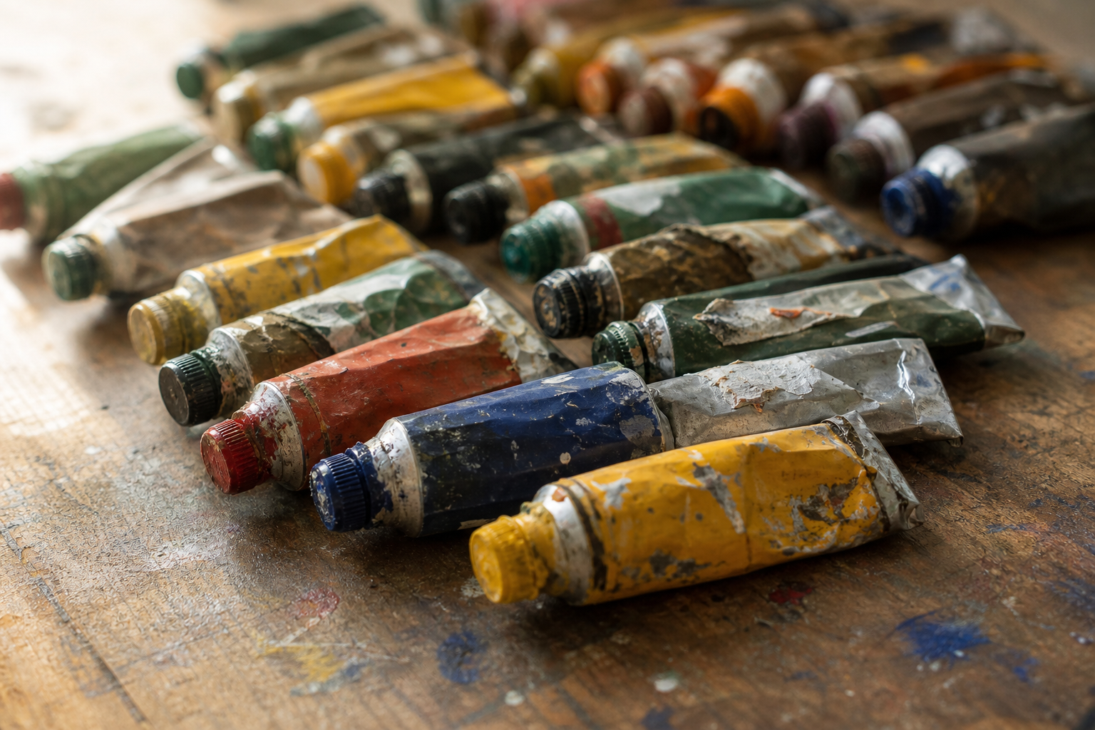 Rows of colourful metal artist paint tubes arranged on a wooden surface