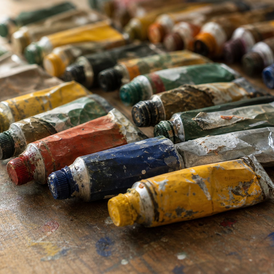 Rows of colourful metal artist paint tubes arranged on a wooden surface