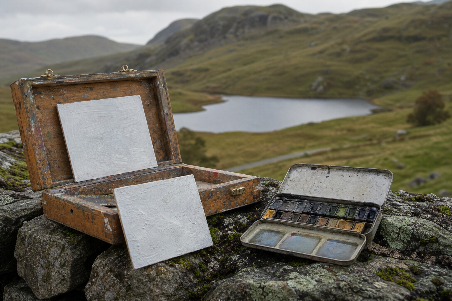 Compact pochade box, small panels, and watercolour set resting on stone wall