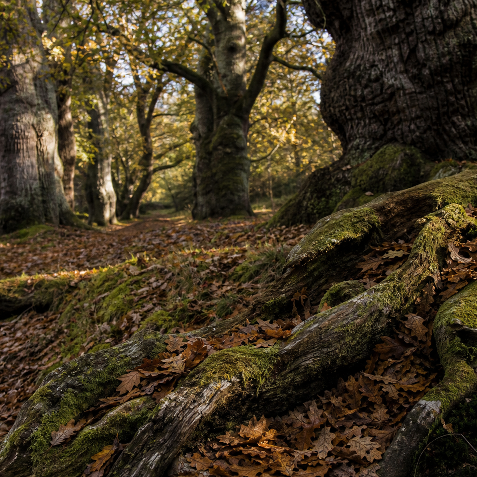Ancient oak woodland interior with dappled autumn light filtering through dense canopy.