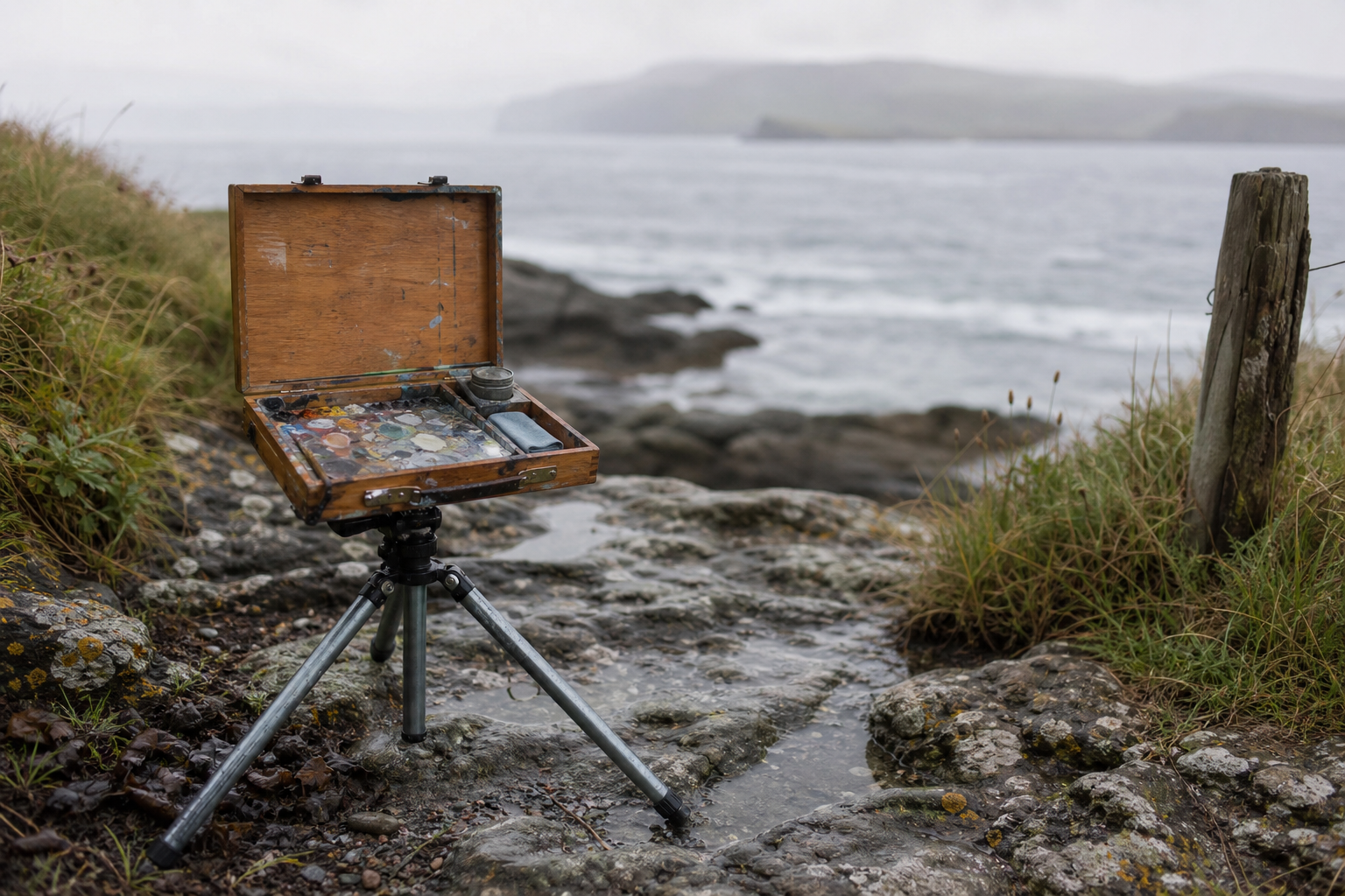 A lightweight tripod with painting box mounted low on a rocky coastal path in overcast light