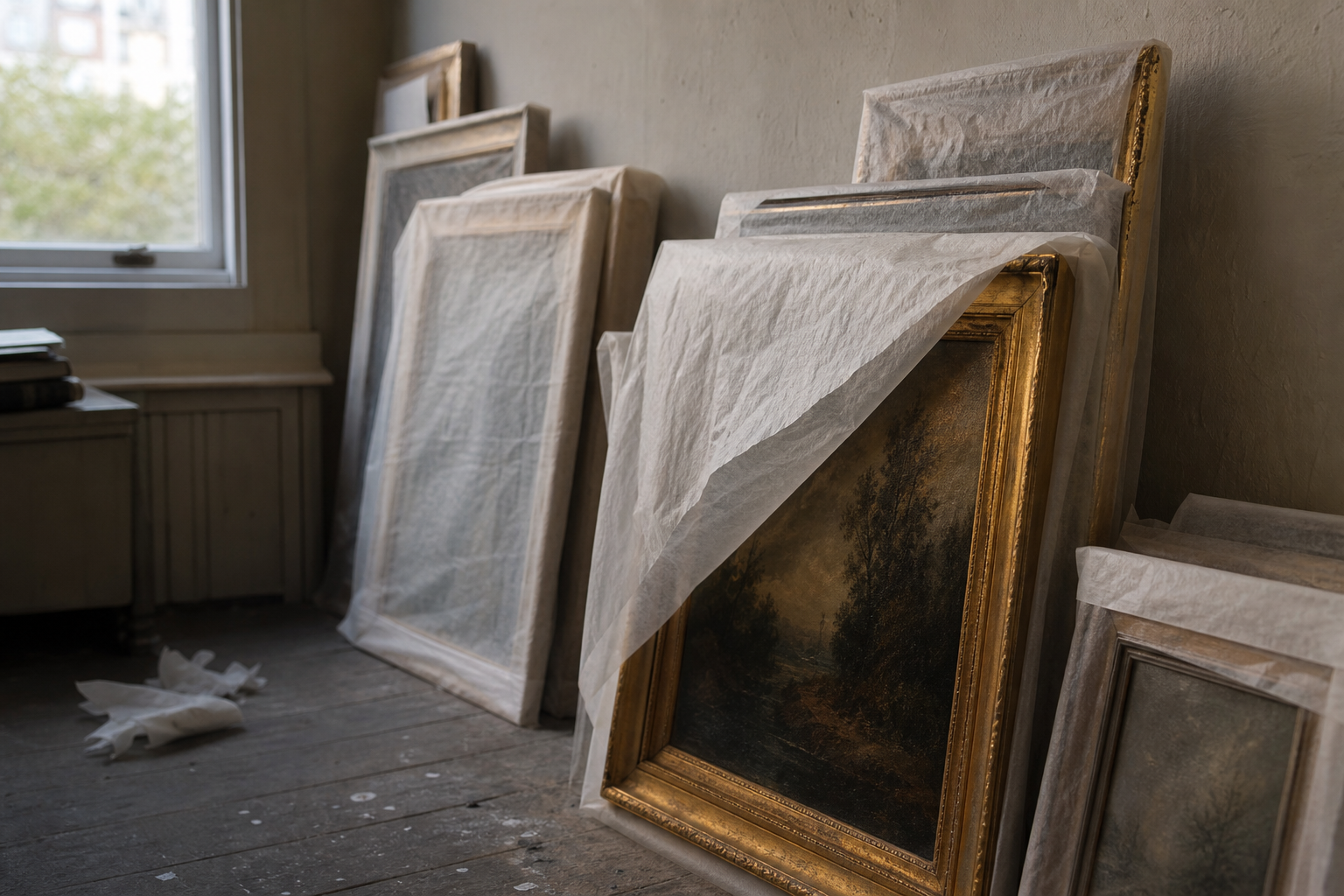 Several framed oil paintings stored upright with protective tissue against a wall