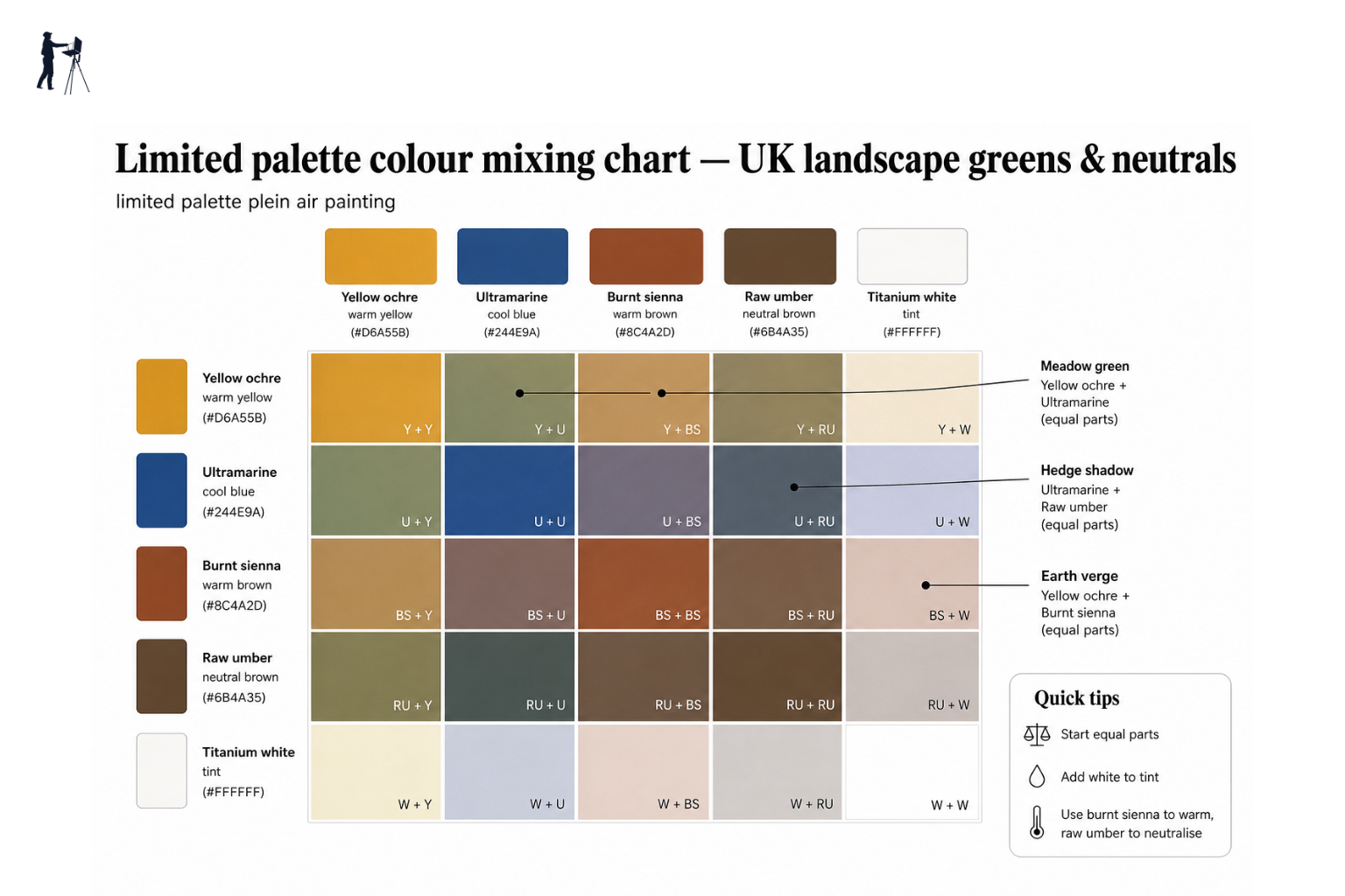 Colour mixing grid showing muted greens, warm greys, and earth tones from a five-colour palette