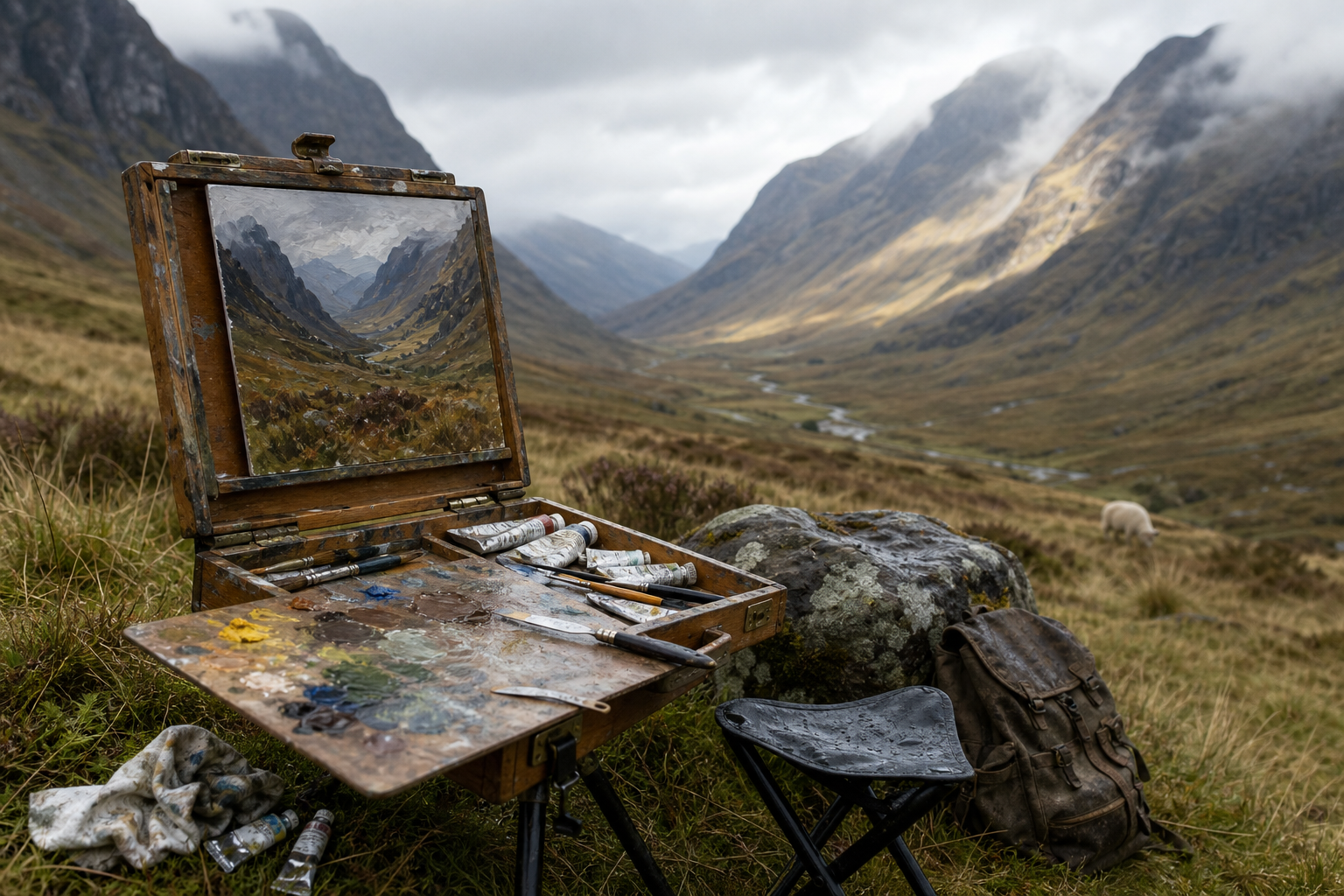 Portable field easel and pochade box set up in a dramatic Highland valley