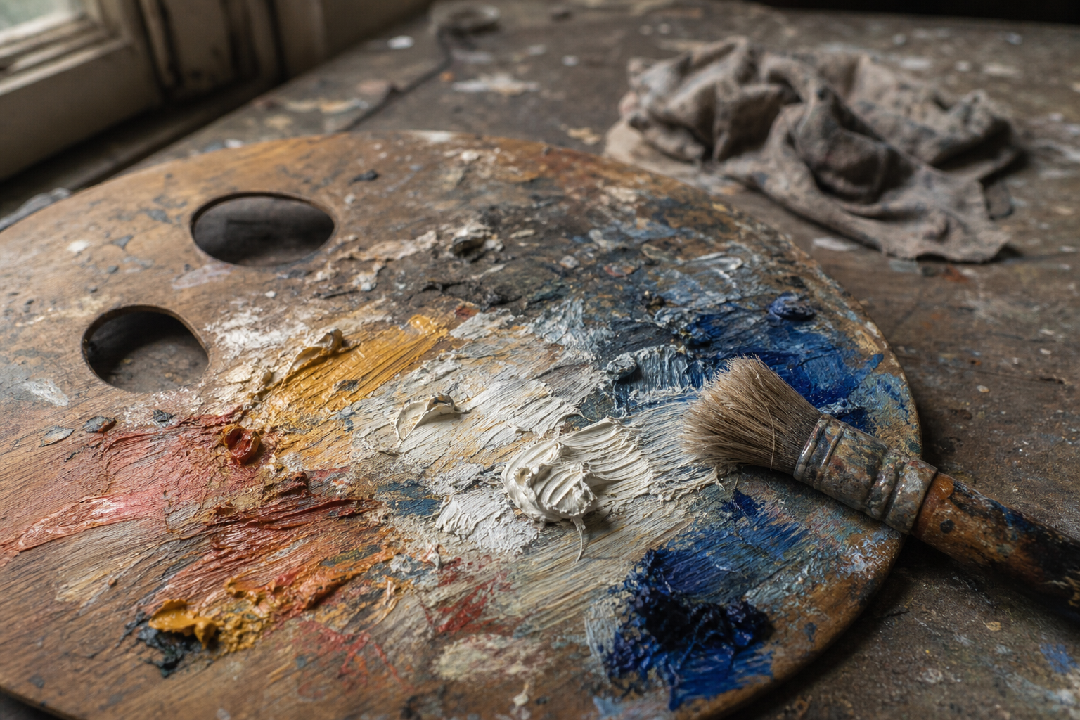 Stiff opaque oil paint on a wooden palette beside a dry bristle brush