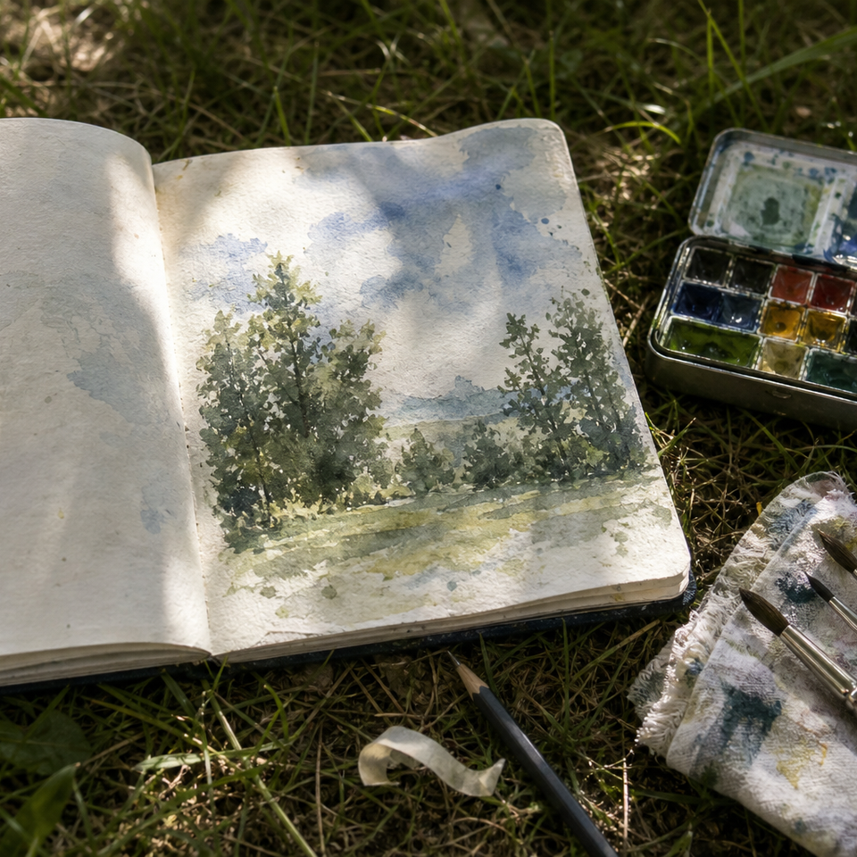Open watercolour sketchbook on grass beside painting supplies in natural light