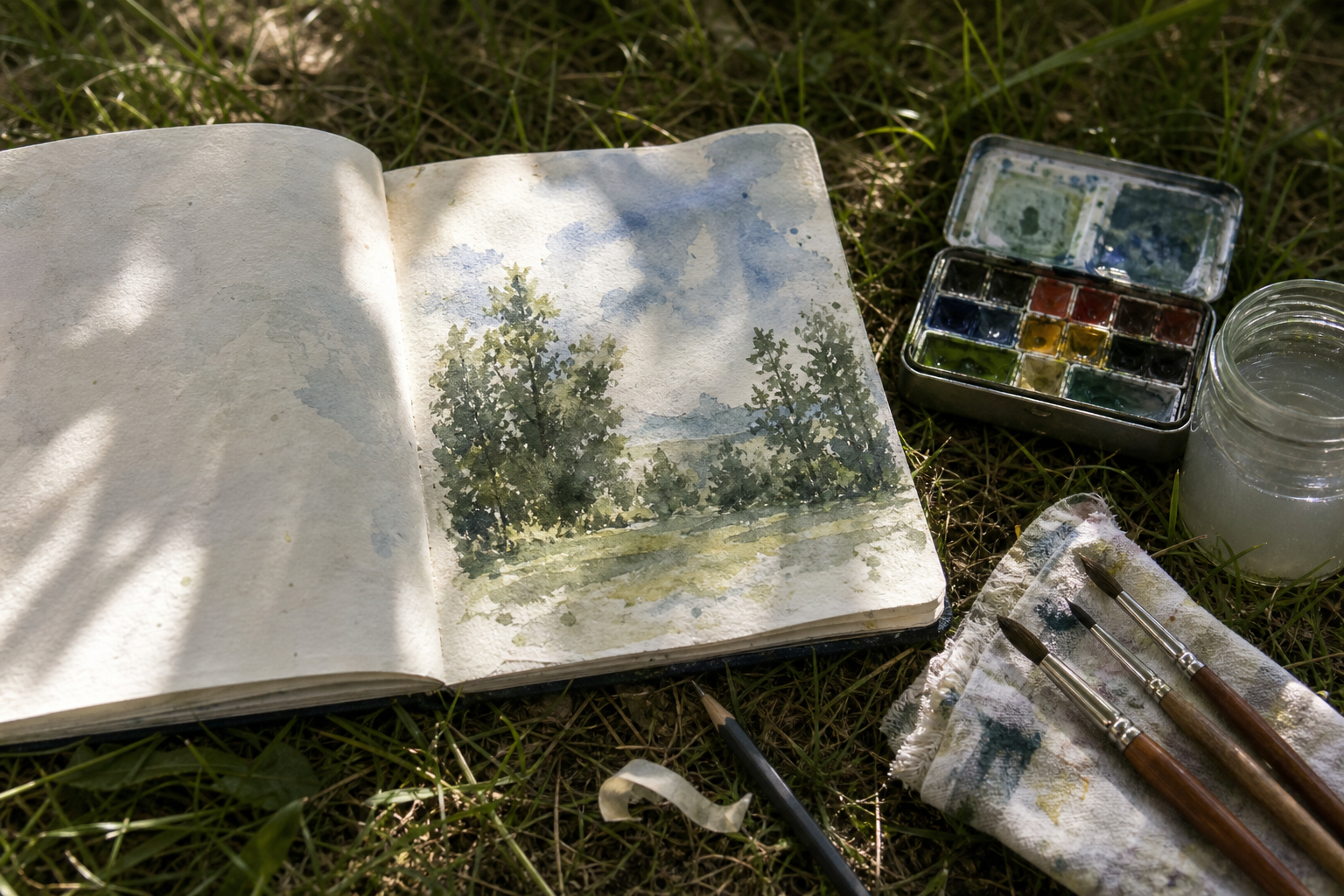 Open watercolour sketchbook on grass beside painting supplies in natural light