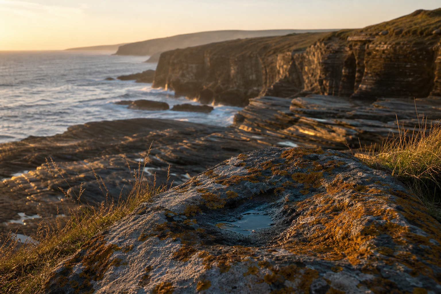 Warm amber light at dusk casting long shadows across rocky coastal cliffs