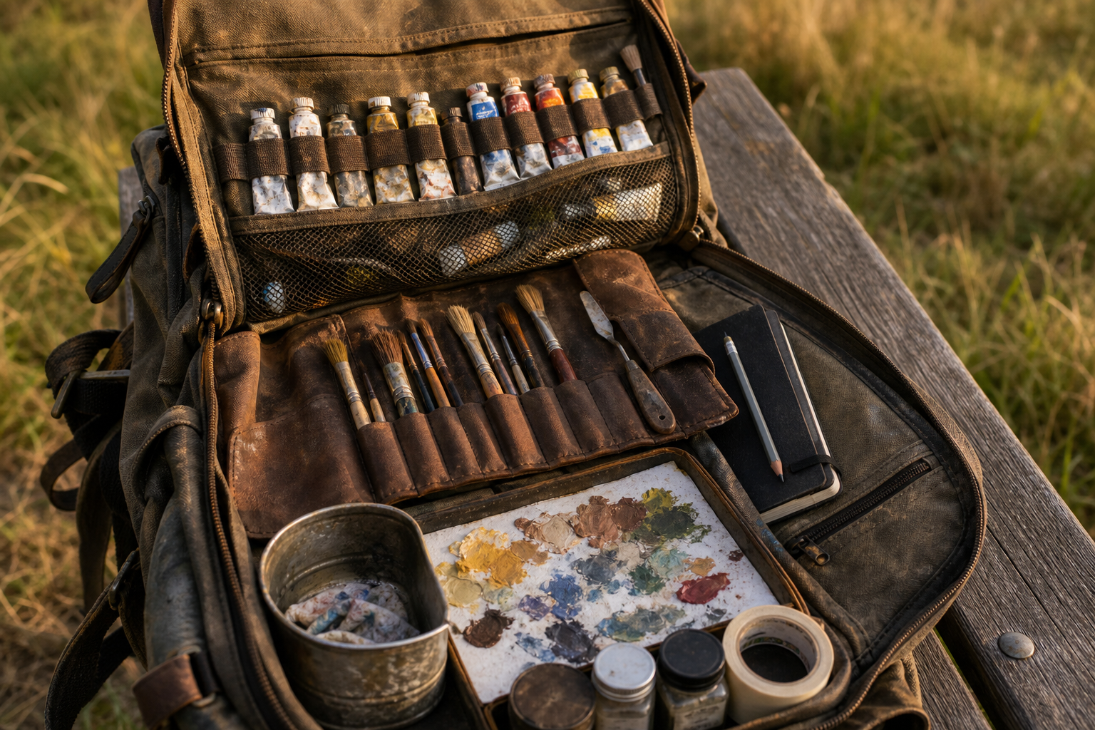 Interior of an open backpack showing organised paint tubes, brushes and small accessories