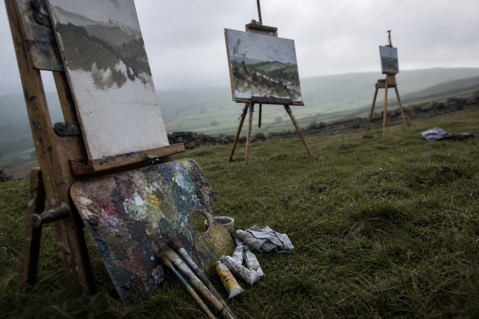 Easels and paint palettes arranged in an open hillside landscape under grey skies