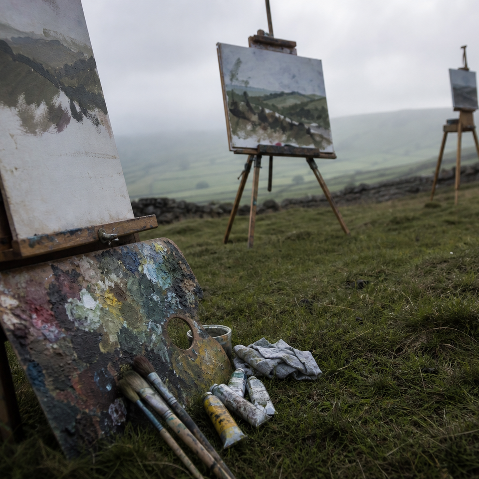 Easels and paint palettes arranged in an open hillside landscape under grey skies