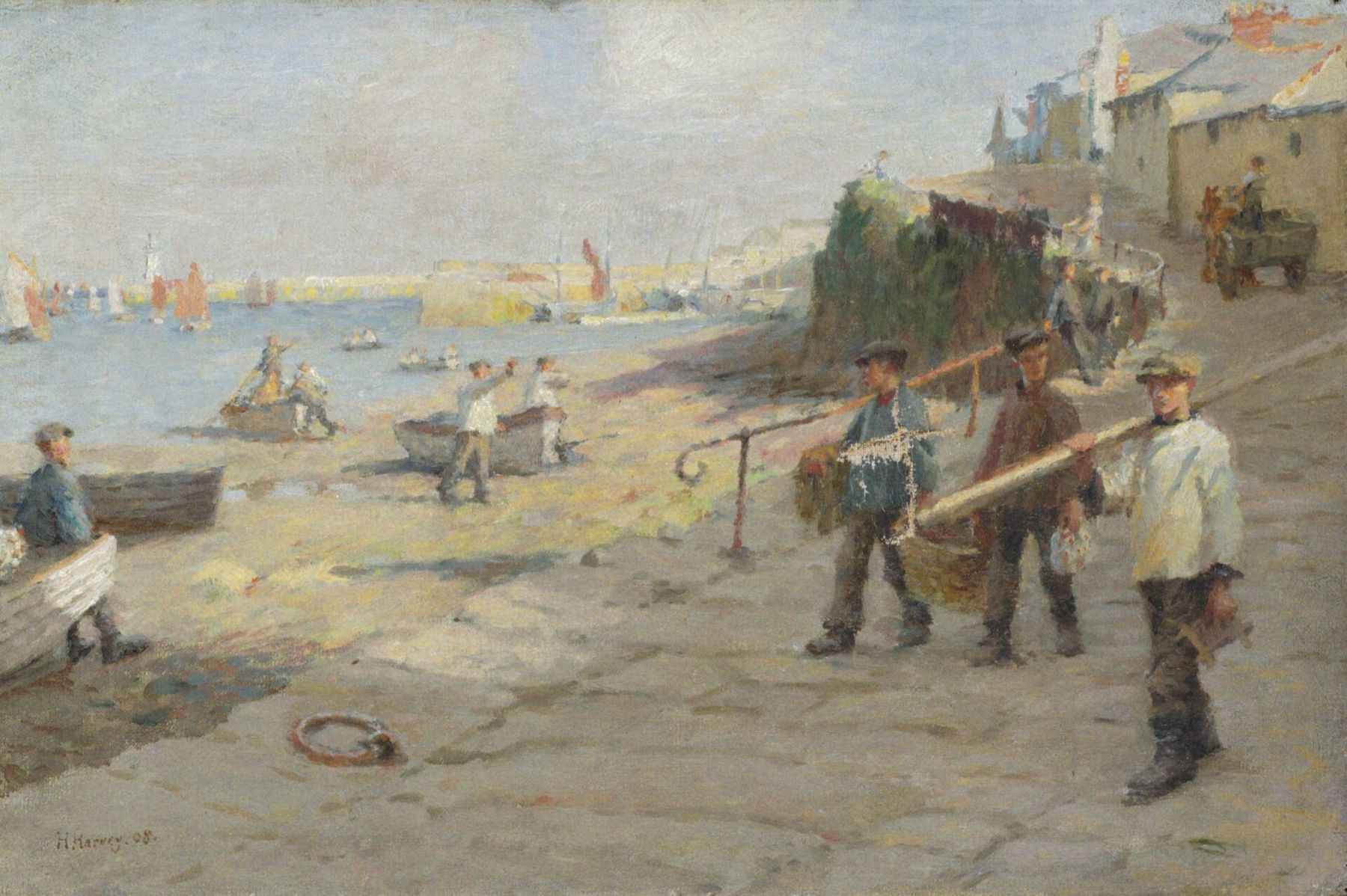 Harold Harvey’s The Old Slip, Newlyn, showing boats and figures beside the harbour